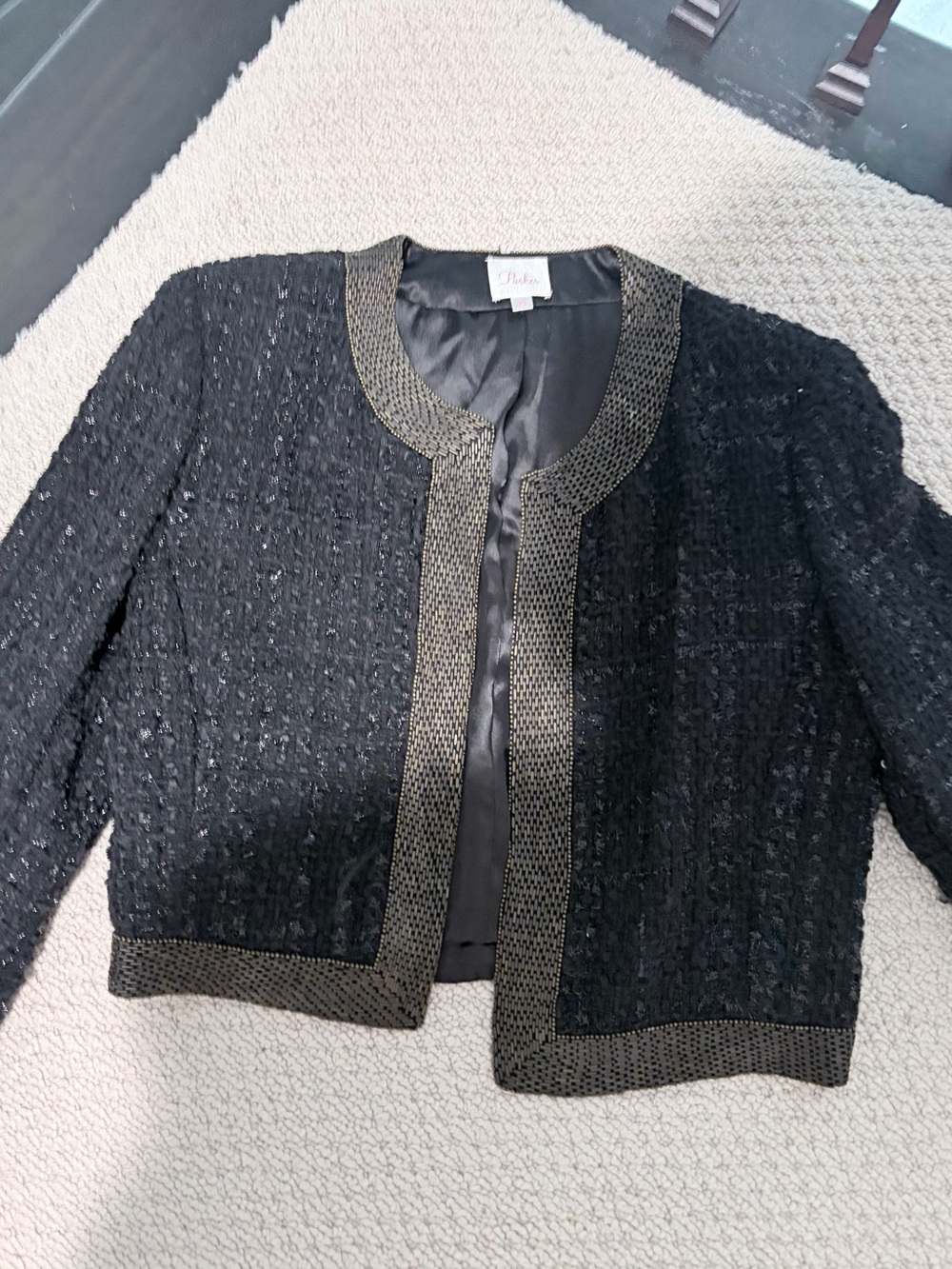 Parker Black Tweed Cropped Jacket Bronze Beaded Trim XS